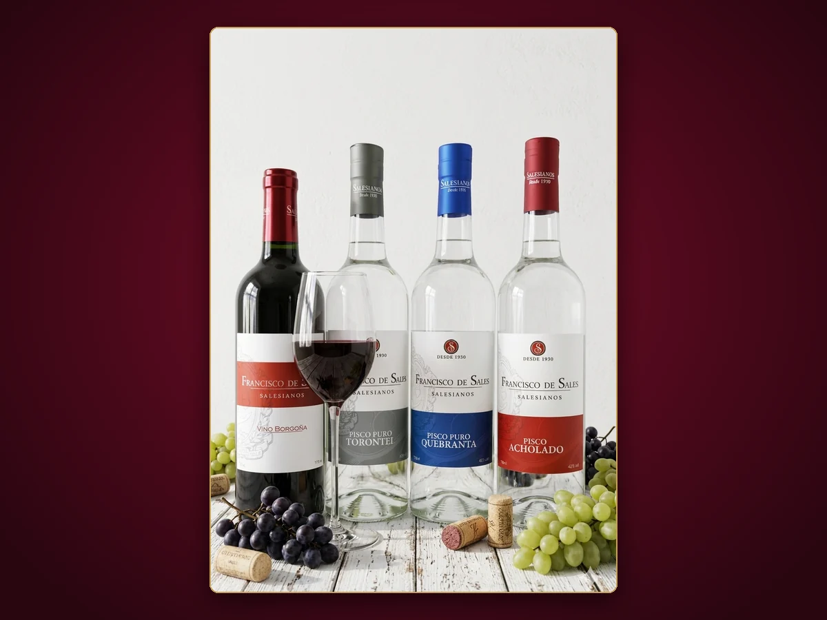 Vinos y piscos de la Vinícola Salesiana con etiqueta propia